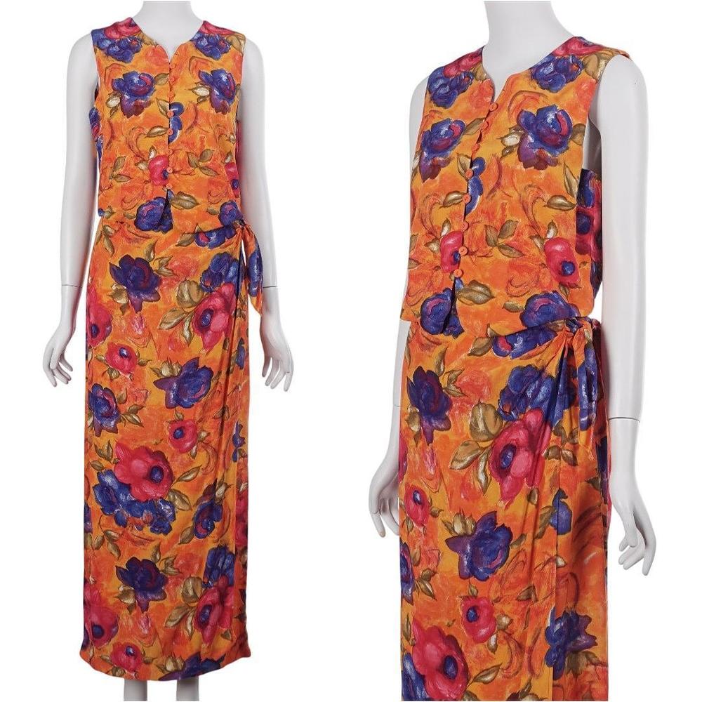 GANTOS Vintage Women 2pc Set Orange Floral Print Vest Top Faux Wrap Maxi Skirt